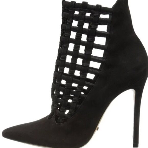 Schutz Zema Heeled Boots Pointed Toe Caged Vamp High Pump Heel Booties Black 7.5 - Picture 1 of 2